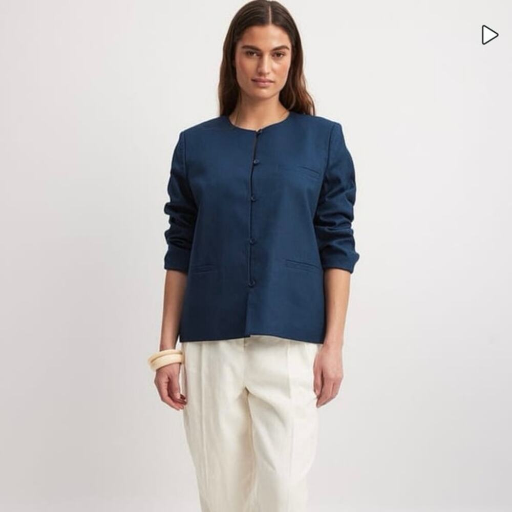 NA-KD x Claire Rose Linen Blend Jacket Navy Mock Neck Size Large Minimalist